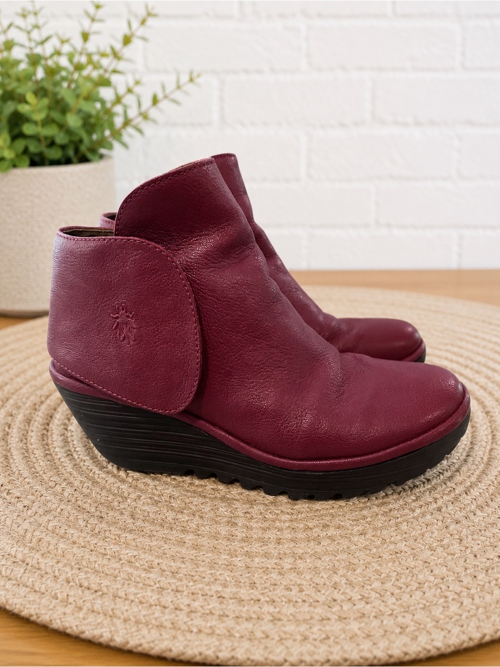 Fly London Yama Burgundy Leather Wedge Ankle Boots EU 39 US 8.5-9